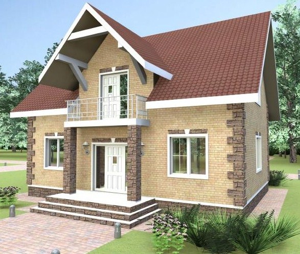 Дом с мансардой из пенобетона, облицованный кирпичом Дом с мансардой из пенобетона, облицованный кирпичом