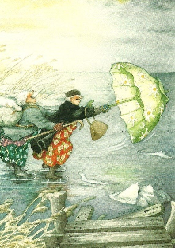 Весёлые старушки с зонтиком на коньках на льду Весёлые старушки с зонтиком на коньках на льду